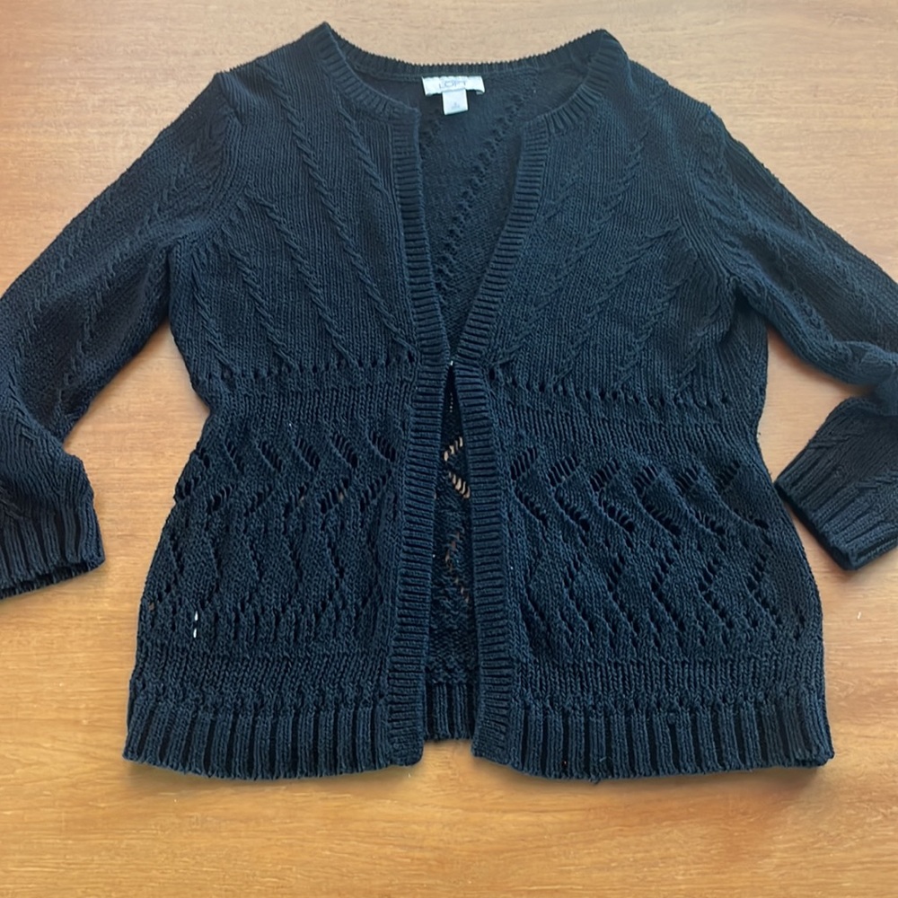 Loft 3/4 Sleeve Black Cardigan, Open Knit Lace Details, Cotton Blend, Size S